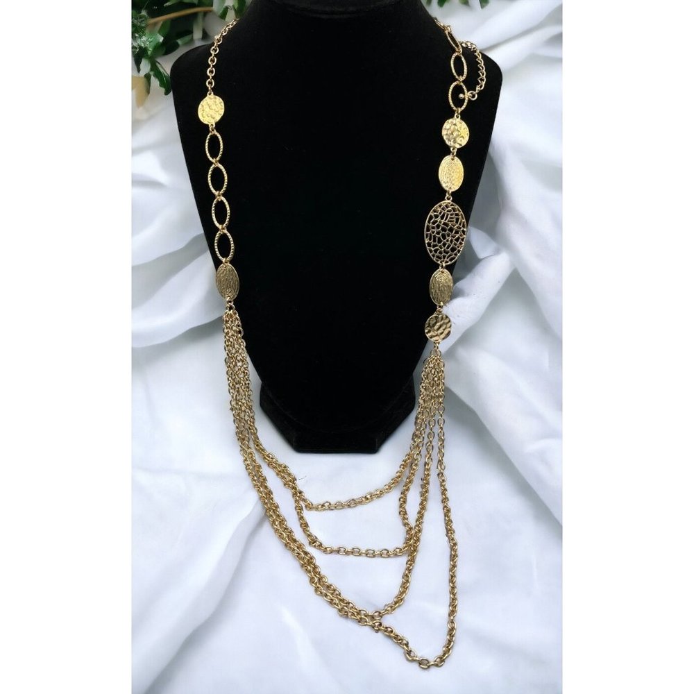 Vintage Gold Tone Chain Necklace Multi Strand Hammered Filagree Segments 32"